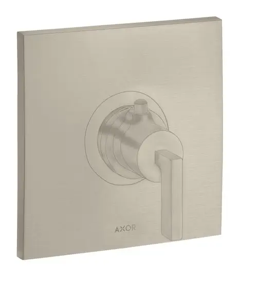 Wandmontierter Wasserthermostat von AXOR mit quadratischer Abdeckung und Hebelgriff in gebürstetem Nickel, geeignet für Unterputzinstallation.
